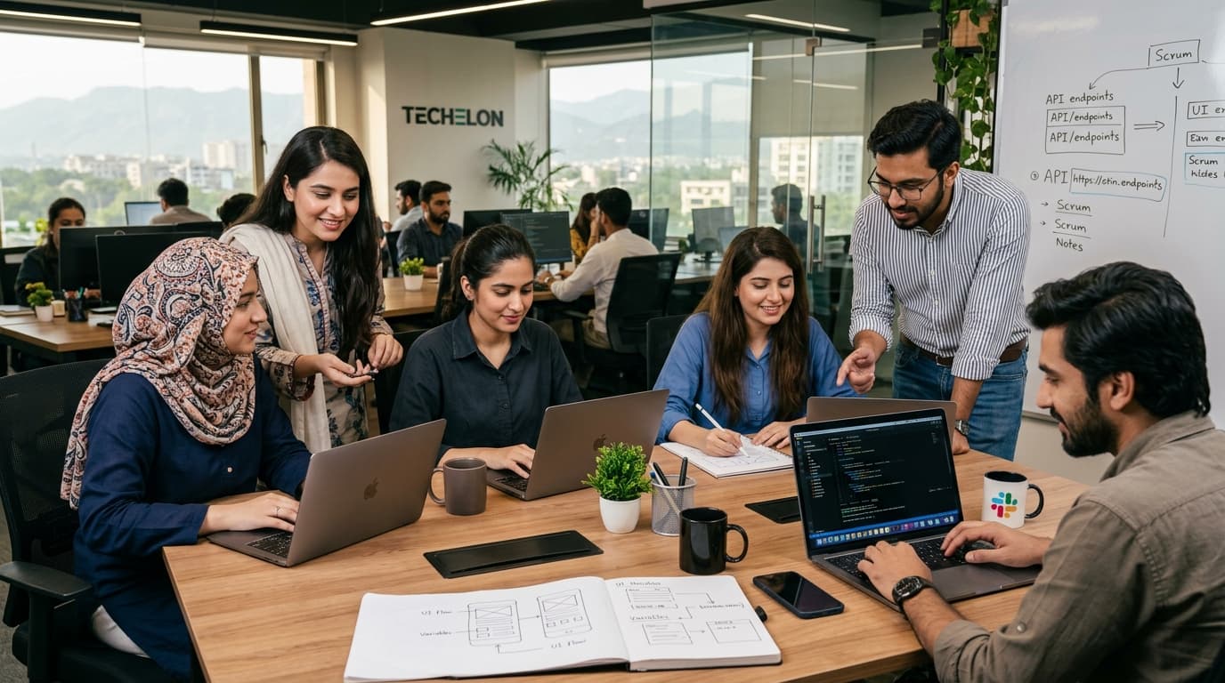 Young Pakistani software engineering team collaborating in an Islamabad technology office